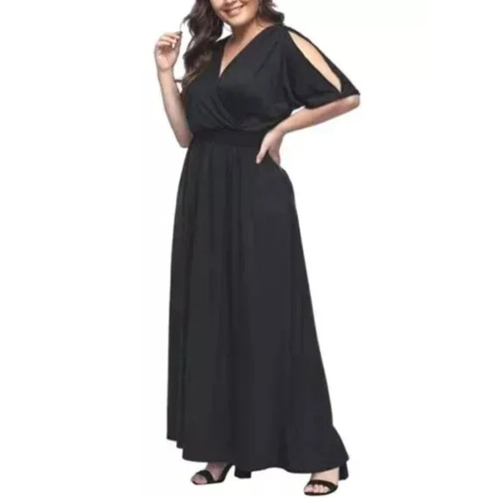 Split Shoulders Short Sleeve Bat Wing Women's Plus Size Surplice Maxi Dress 3XL - Picture 3 of 8